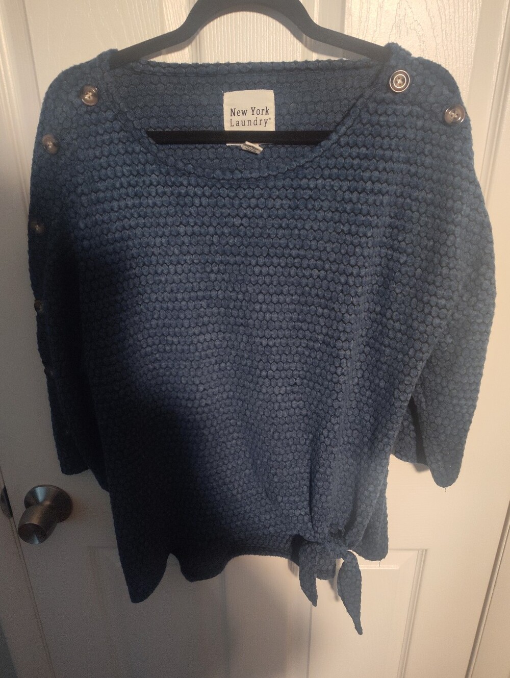 New York Laundry Navy Textured Button-Shoulder Tie-Hem Sweater